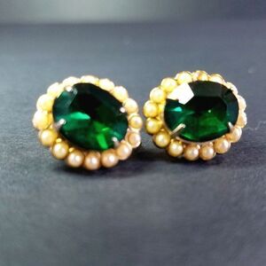 Vintage Clip On Screw Back Emerald Rhinestone and Faux Pearl Costume Earrings